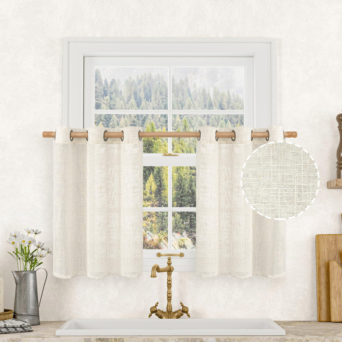 LAMIT Natural Faux Linen Curtains for Bedroom, Bronze Grommet Light Filtering Burlap Drapes, Set of 2 Panels