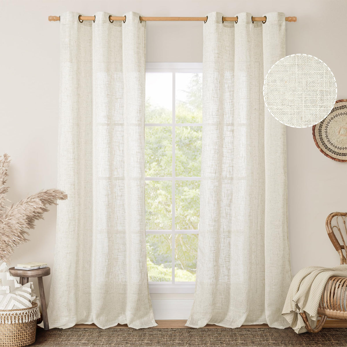 LAMIT Natural Faux Linen Curtains for Bedroom, Bronze Grommet Light Filtering Burlap Drapes, Set of 2 Panels