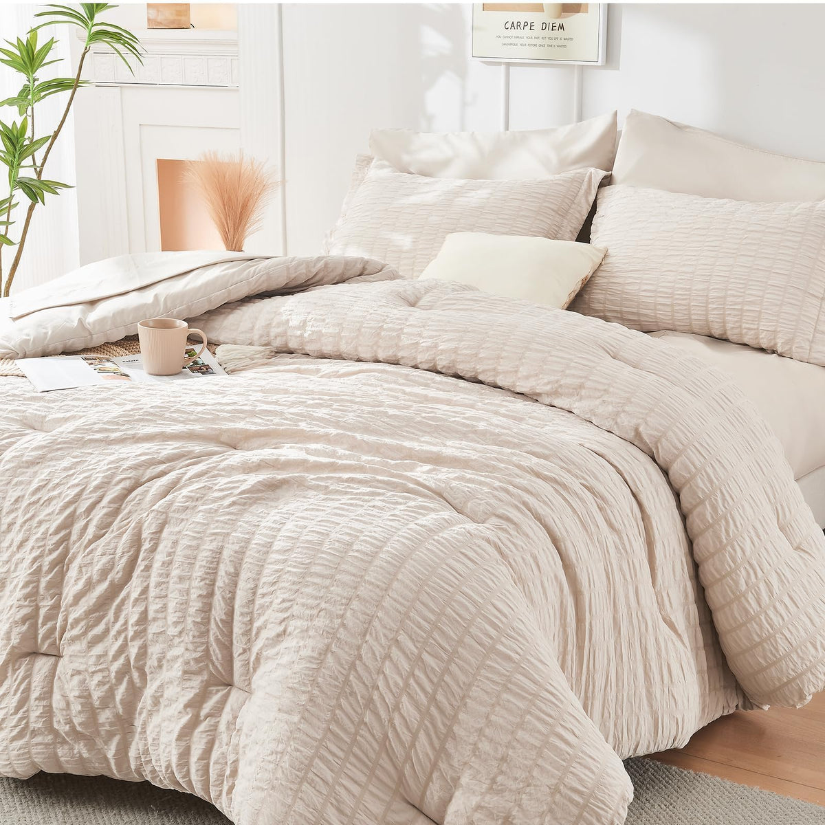 HYMOKEGE Comforter Set Seersucker 7 Pieces, All Season Luxury Bed in a Bag for Bedroom, Bedding Set with Comforters, Sheets, Pillowcases & Shams