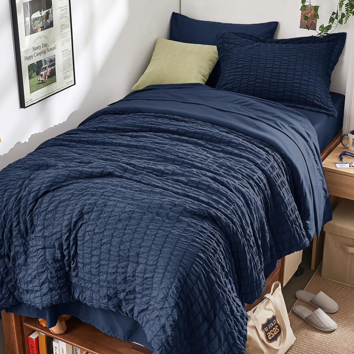 HYMOKEGE Comforter Set Seersucker 7 Pieces, All Season Luxury Bed in a Bag for Bedroom, Bedding Set with Comforters, Sheets, Pillowcases & Shams