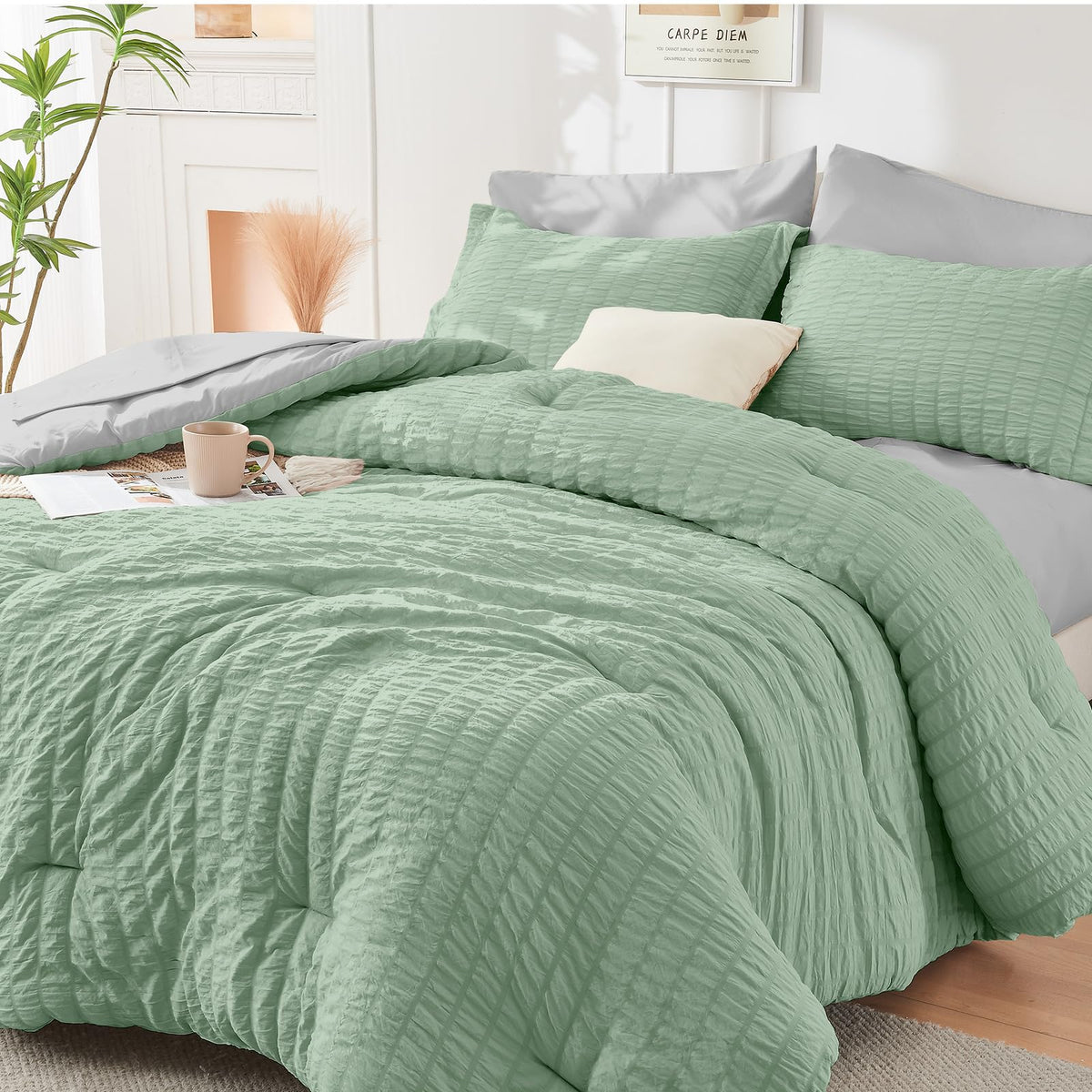 HYMOKEGE Comforter Set Seersucker 7 Pieces, All Season Luxury Bed in a Bag for Bedroom, Bedding Set with Comforters, Sheets, Pillowcases & Shams