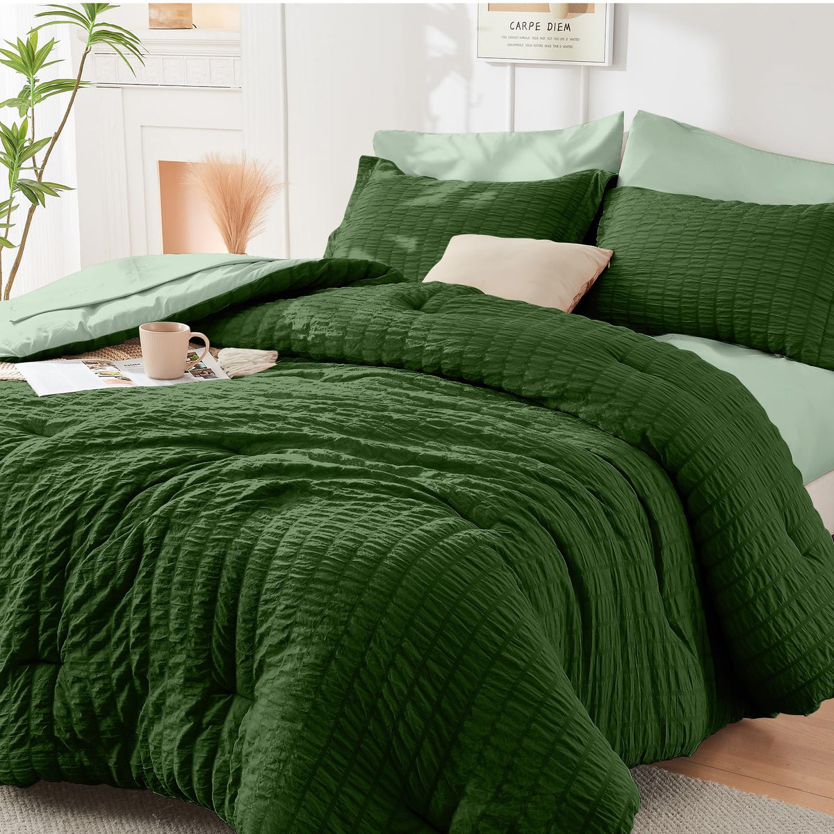 HYMOKEGE Comforter Set Seersucker 7 Pieces, All Season Luxury Bed in a Bag for Bedroom, Bedding Set with Comforters, Sheets, Pillowcases & Shams