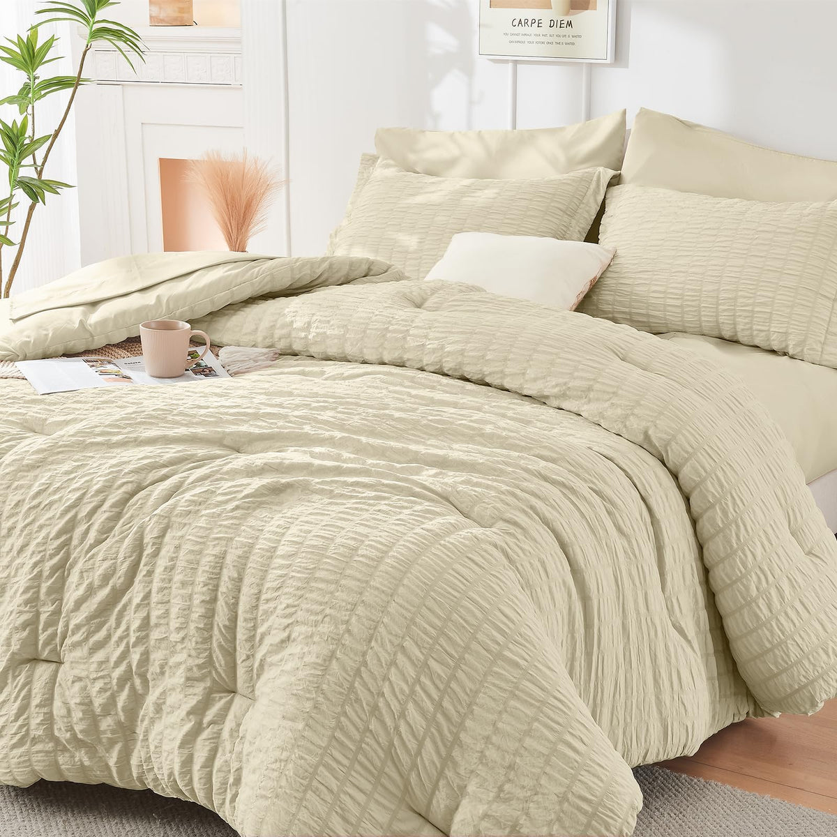 HYMOKEGE Comforter Set Seersucker 7 Pieces, All Season Luxury Bed in a Bag for Bedroom, Bedding Set with Comforters, Sheets, Pillowcases & Shams