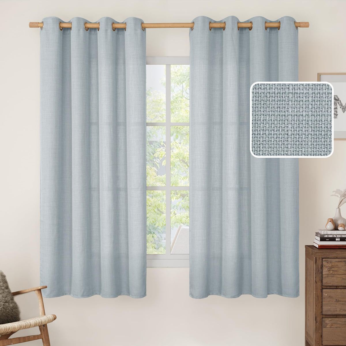 LAMIT Natural Faux Linen Curtains for Bedroom, Bronze Grommet Light Filtering Burlap Drapes, Set of 2 Panels