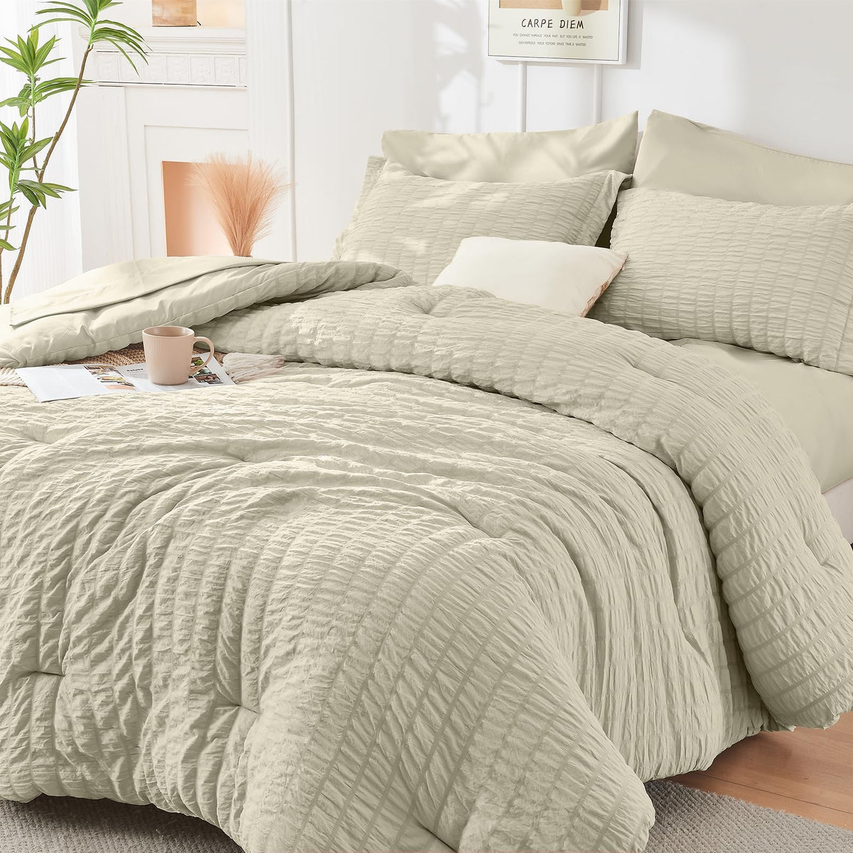 HYMOKEGE Comforter Set Seersucker 7 Pieces, All Season Luxury Bed in a Bag for Bedroom, Bedding Set with Comforters, Sheets, Pillowcases & Shams