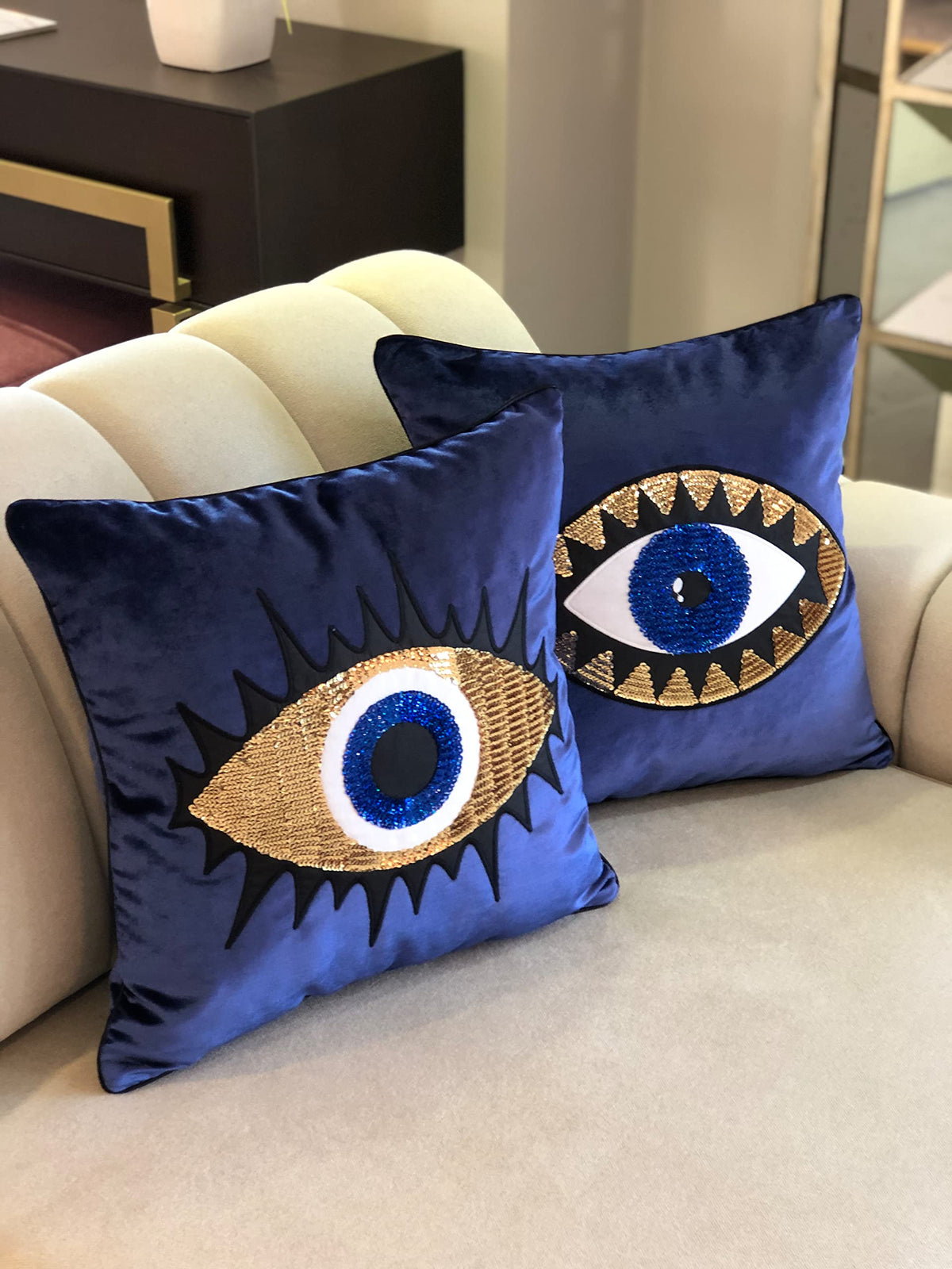 GELIVING Midnight Blue Evil Eye Velvet Throw Pillow Set