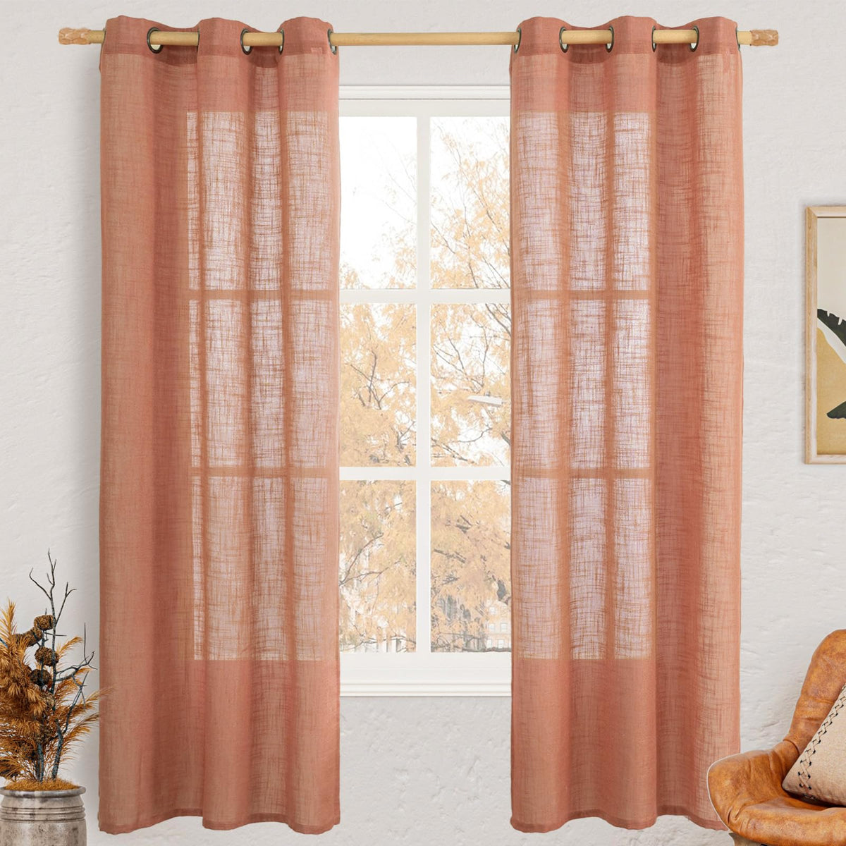 LAMIT Natural Faux Linen Curtains for Bedroom, Bronze Grommet Light Filtering Burlap Drapes, Set of 2 Panels