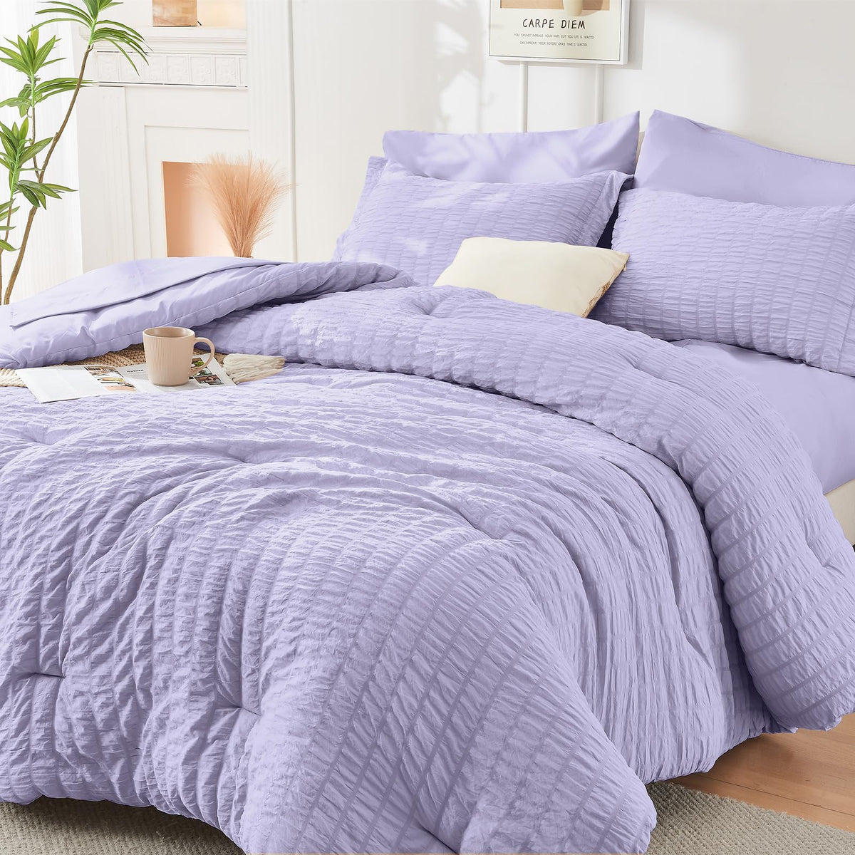 HYMOKEGE Comforter Set Seersucker 7 Pieces, All Season Luxury Bed in a Bag for Bedroom, Bedding Set with Comforters, Sheets, Pillowcases & Shams