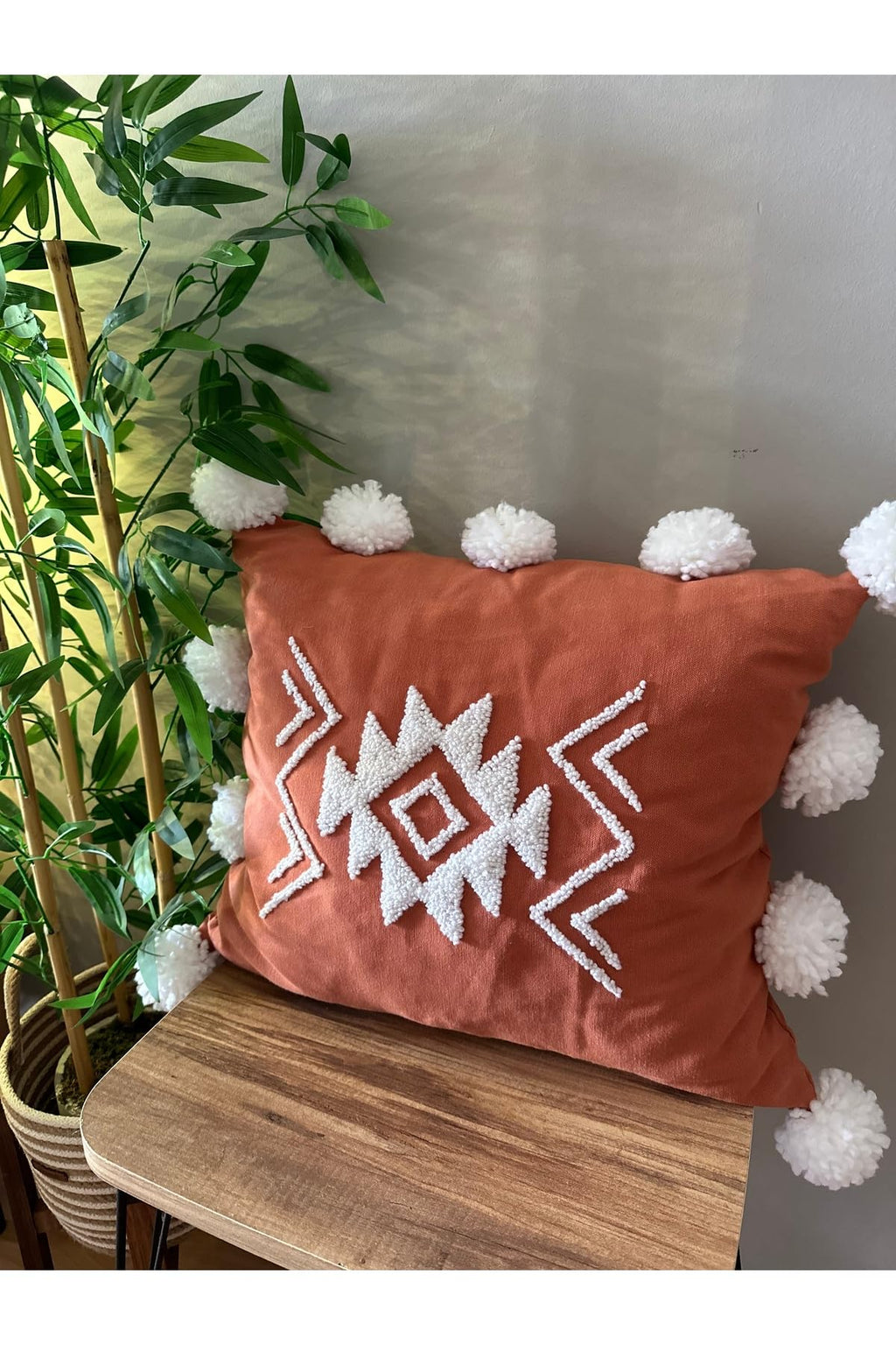 SODEF Decorative Throw Pillow Cover with Pom Poms, 18x18 in, Linen Cushion Cover, Bohemian Style, Orange - Orange