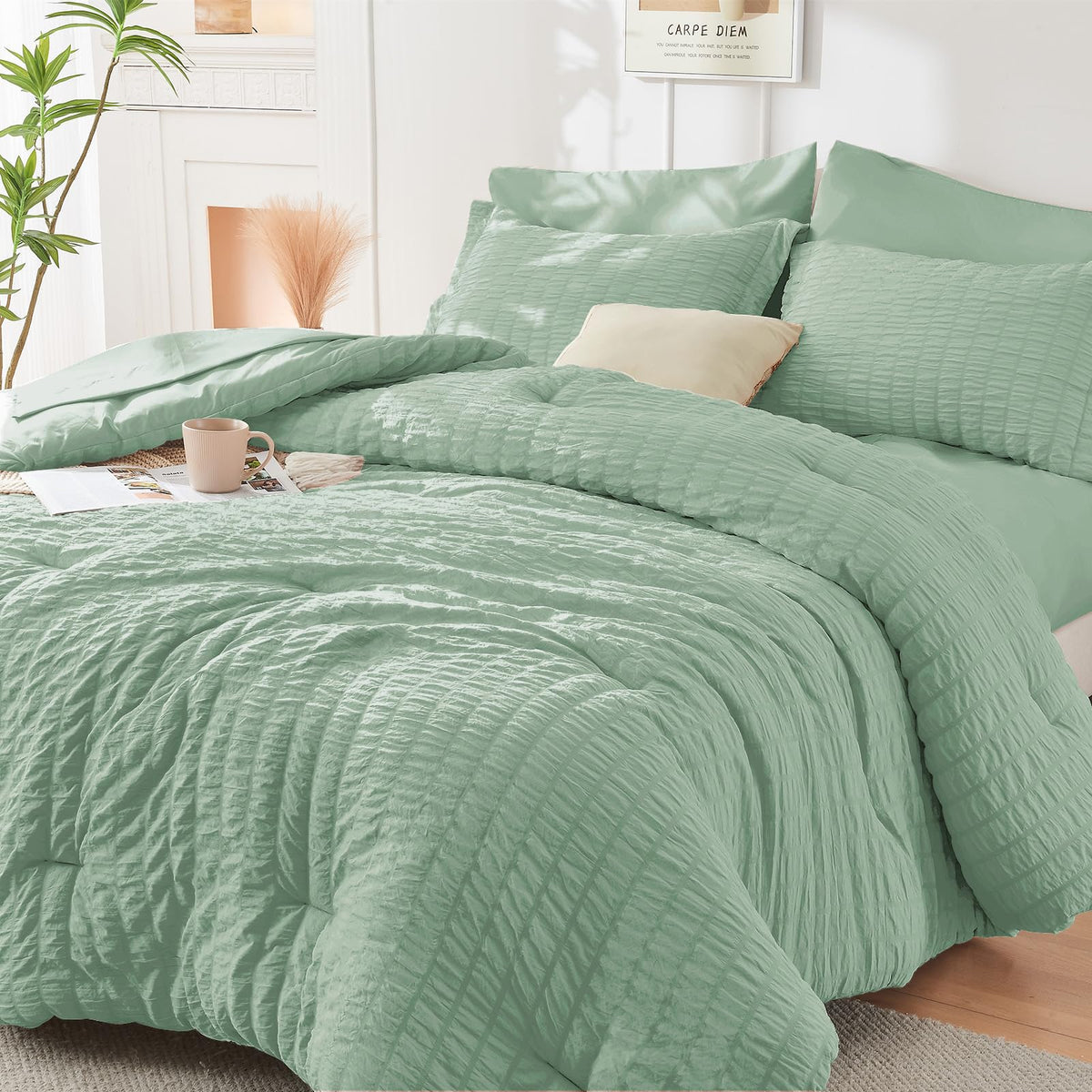HYMOKEGE Comforter Set Seersucker 7 Pieces, All Season Luxury Bed in a Bag for Bedroom, Bedding Set with Comforters, Sheets, Pillowcases & Shams