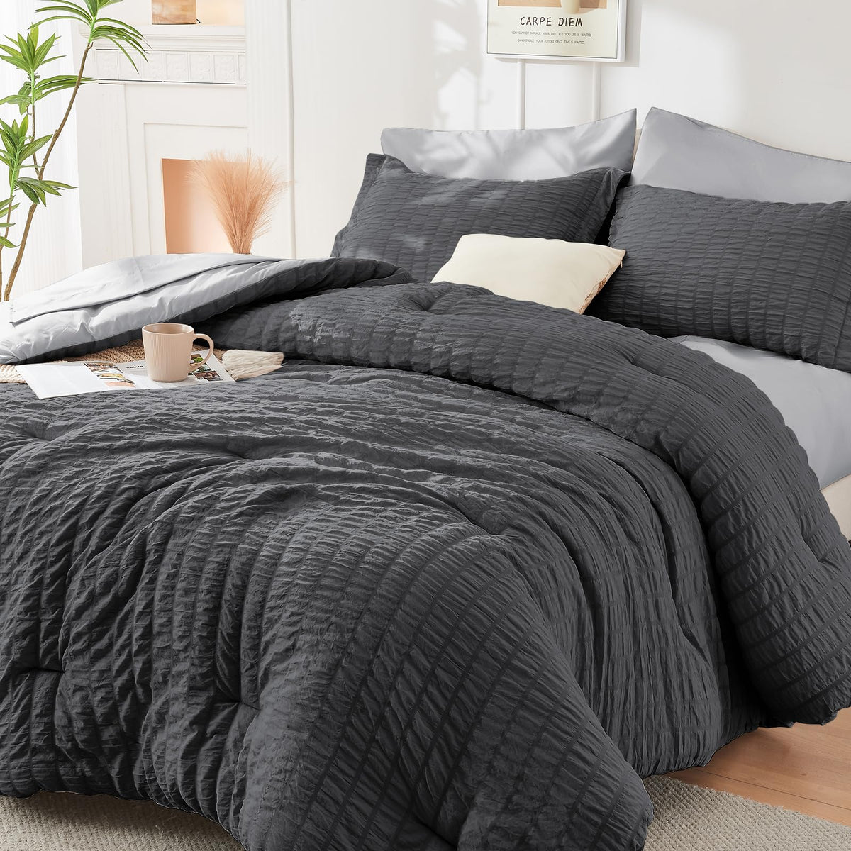 HYMOKEGE Comforter Set Seersucker 7 Pieces, All Season Luxury Bed in a Bag for Bedroom, Bedding Set with Comforters, Sheets, Pillowcases & Shams