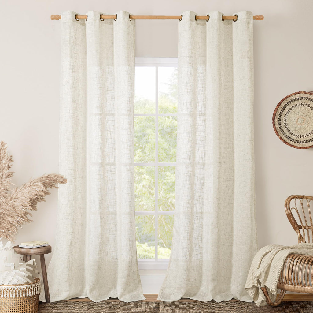 LAMIT Natural Faux Linen Curtains for Bedroom, Bronze Grommet Light Filtering Burlap Drapes, Set of 2 Panels