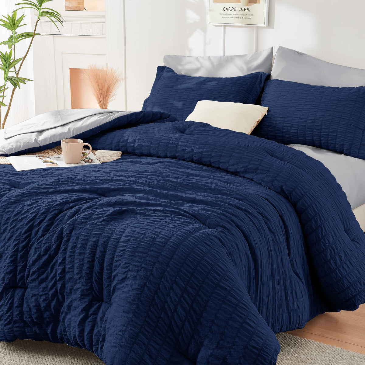 HYMOKEGE Comforter Set Seersucker 7 Pieces, All Season Luxury Bed in a Bag for Bedroom, Bedding Set with Comforters, Sheets, Pillowcases & Shams