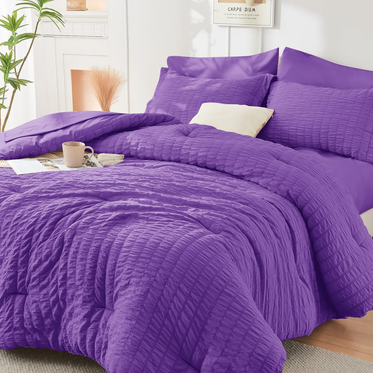 HYMOKEGE Comforter Set Seersucker 7 Pieces, All Season Luxury Bed in a Bag for Bedroom, Bedding Set with Comforters, Sheets, Pillowcases & Shams