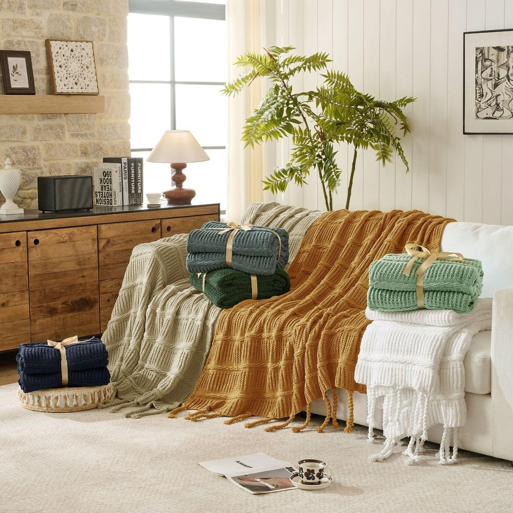 Boho Knitted Chenille Blanket with Tassels - Lightweight & Soft All-Season Throw - 3D Classic Pattern for Living Room Bedroom Couch