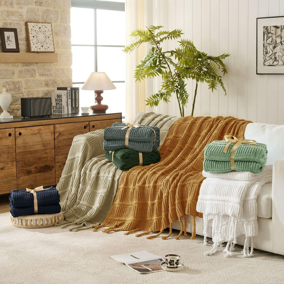 Boho Knitted Chenille Blanket with Tassels - Lightweight & Soft All-Season Throw - 3D Classic Pattern for Living Room Bedroom Couch