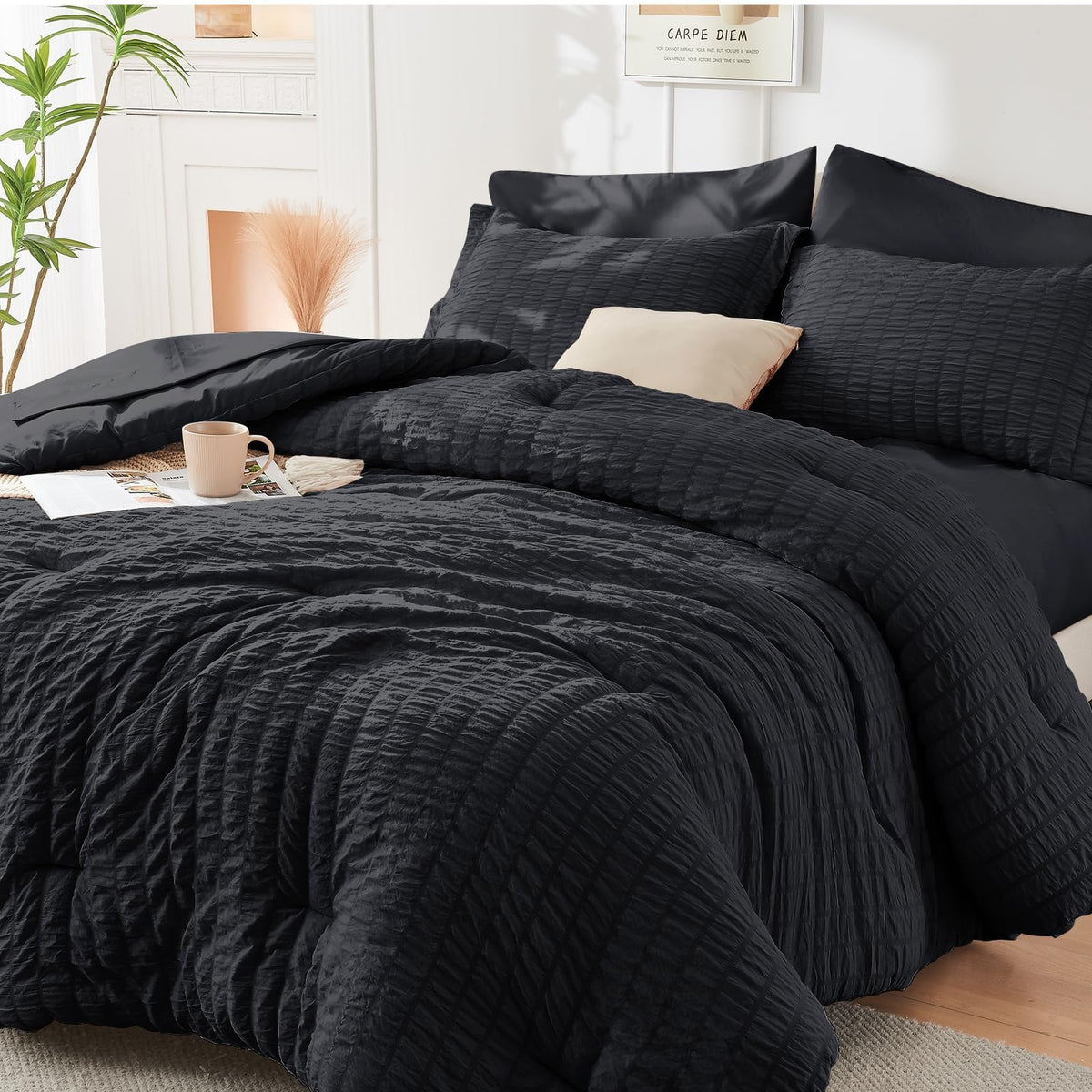 HYMOKEGE Comforter Set Seersucker 7 Pieces, All Season Luxury Bed in a Bag for Bedroom, Bedding Set with Comforters, Sheets, Pillowcases & Shams