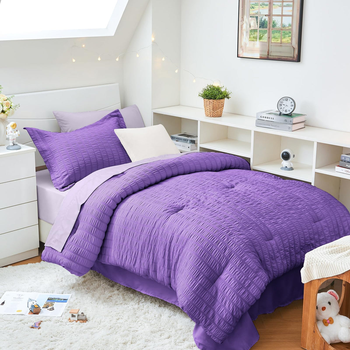 HYMOKEGE Comforter Set Seersucker 7 Pieces, All Season Luxury Bed in a Bag for Bedroom, Bedding Set with Comforters, Sheets, Pillowcases & Shams