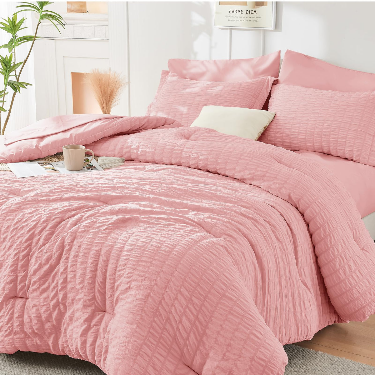 HYMOKEGE Comforter Set Seersucker 7 Pieces, All Season Luxury Bed in a Bag for Bedroom, Bedding Set with Comforters, Sheets, Pillowcases & Shams