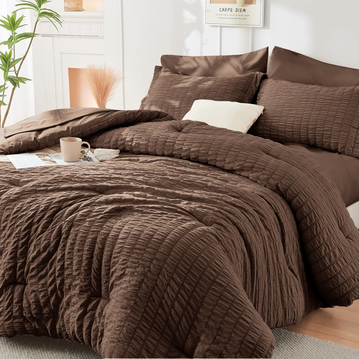 HYMOKEGE Comforter Set Seersucker 7 Pieces, All Season Luxury Bed in a Bag for Bedroom, Bedding Set with Comforters, Sheets, Pillowcases & Shams