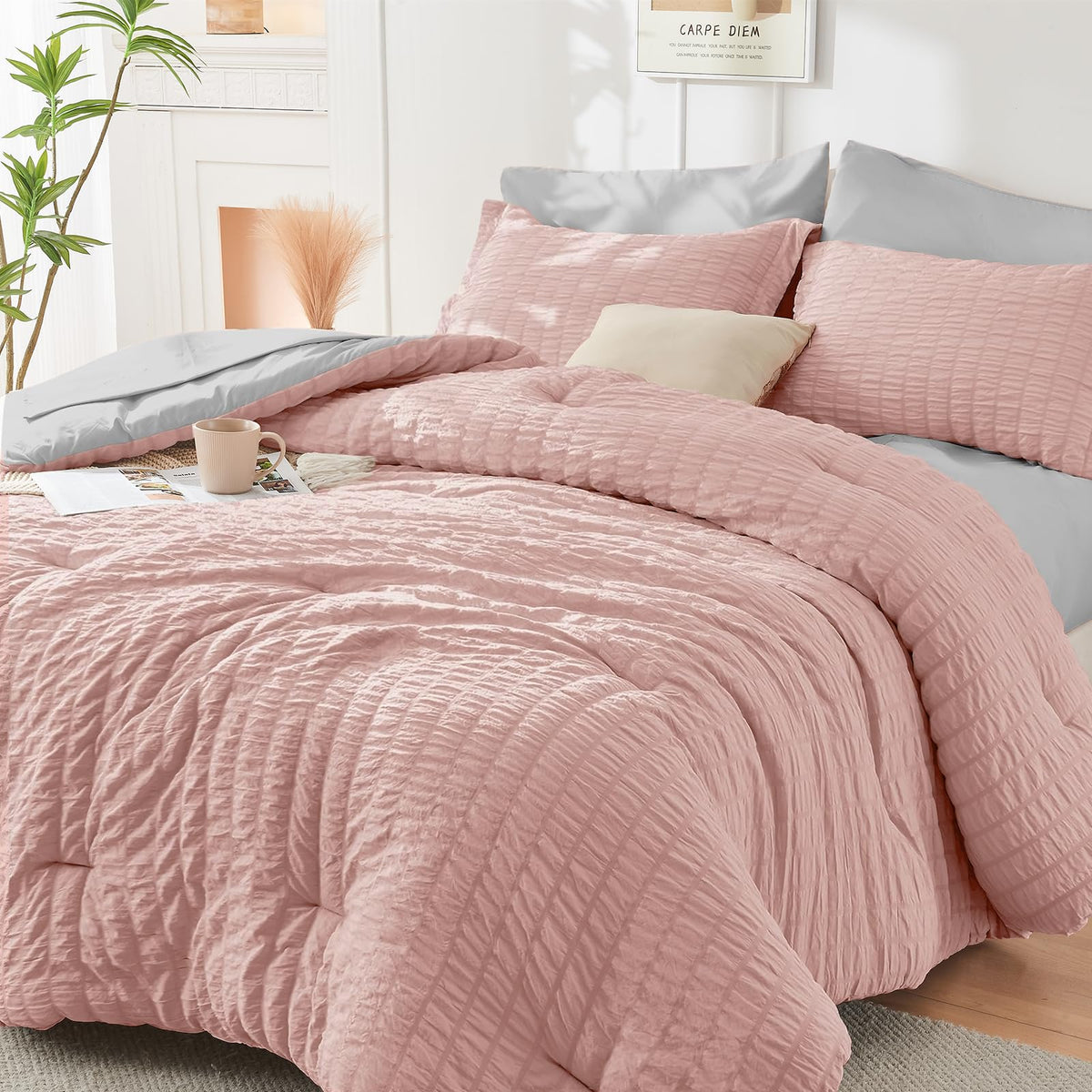 HYMOKEGE Comforter Set Seersucker 7 Pieces, All Season Luxury Bed in a Bag for Bedroom, Bedding Set with Comforters, Sheets, Pillowcases & Shams