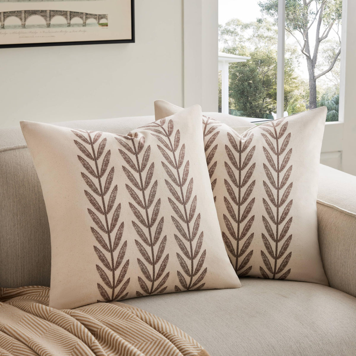 YZJZEDS 100% Cotton Farmhouse Leaf Print Pillow Covers