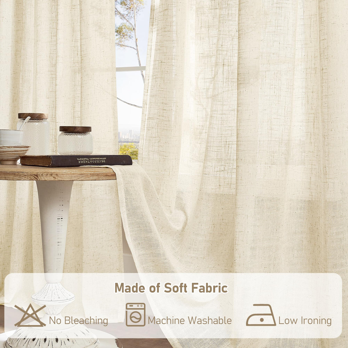 LAMIT Natural Faux Linen Curtains for Bedroom, Bronze Grommet Light Filtering Burlap Drapes, Set of 2 Panels