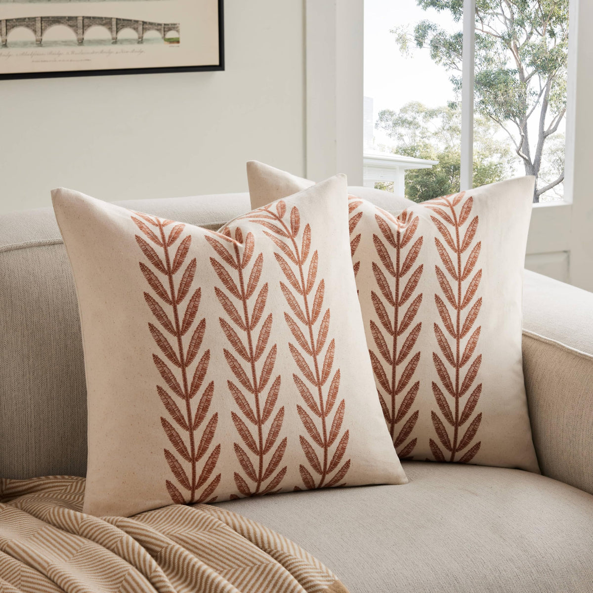 YZJZEDS 100% Cotton Farmhouse Leaf Print Pillow Covers