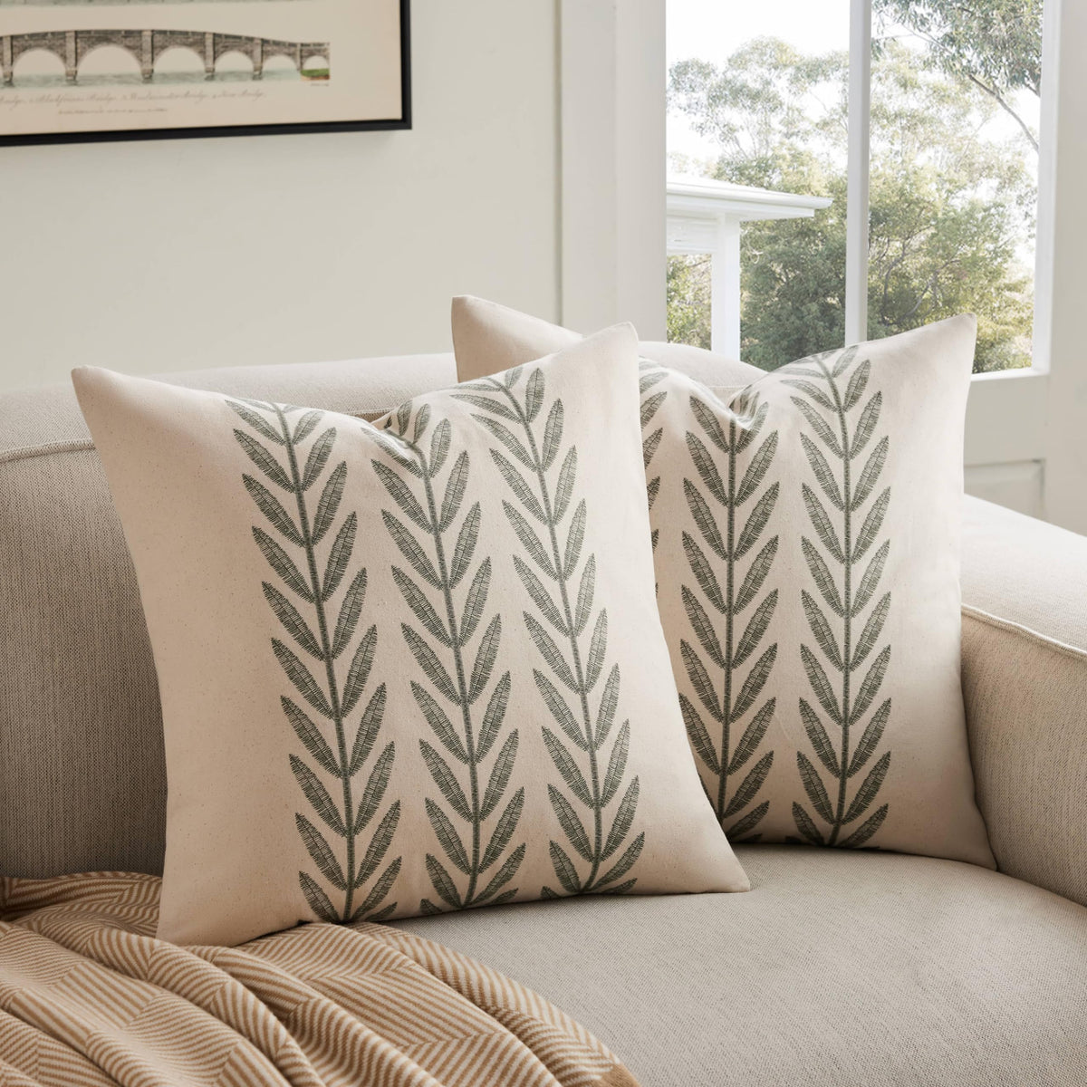 YZJZEDS 100% Cotton Farmhouse Leaf Print Pillow Covers
