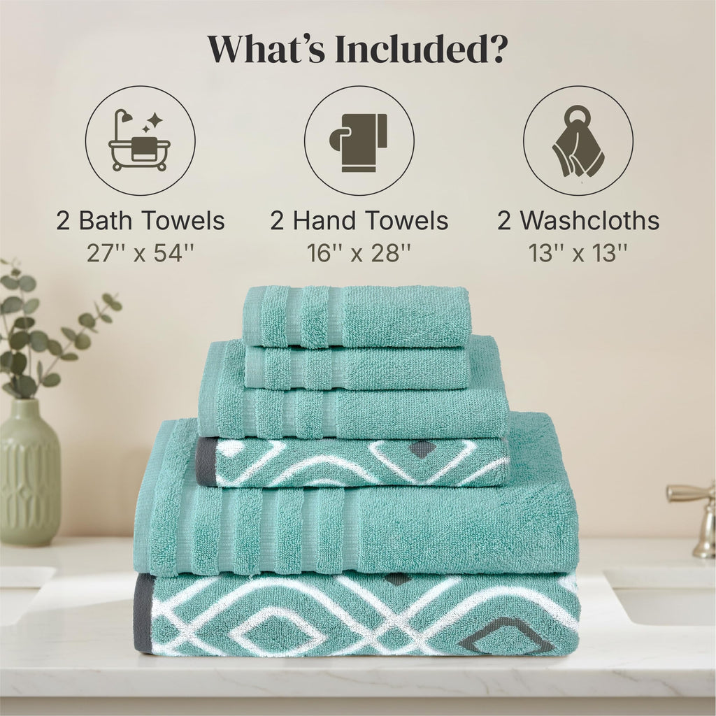 Modern Threads 6 Piece Bath Towel Set – Bathroom Set with 2 Bath Towels, 2 Hand Towels, and 2 Wash Cloths – 100% Cotton, Super Absorbent & Extra Soft – Reversible Pattern