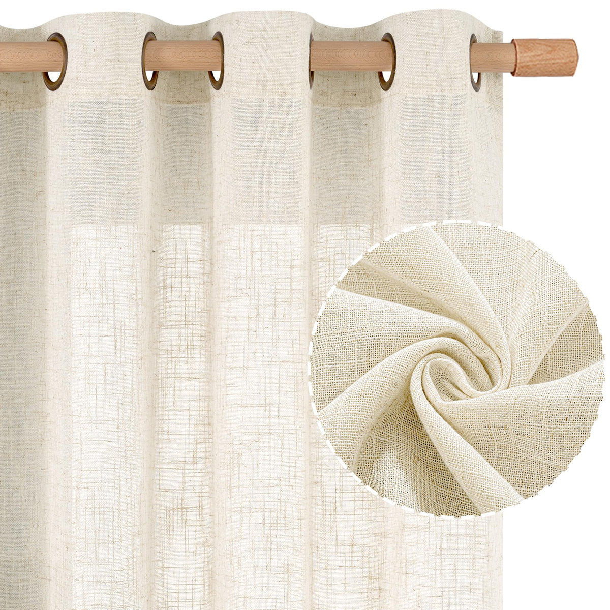LAMIT Natural Faux Linen Curtains for Bedroom, Bronze Grommet Light Filtering Burlap Drapes, Set of 2 Panels