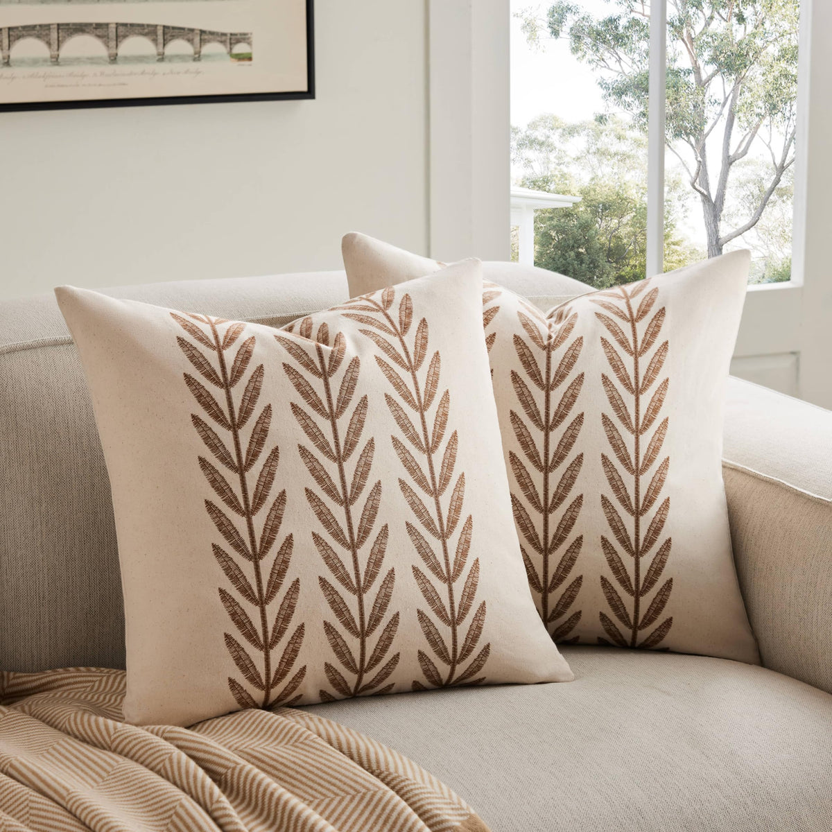 YZJZEDS 100% Cotton Farmhouse Leaf Print Pillow Covers